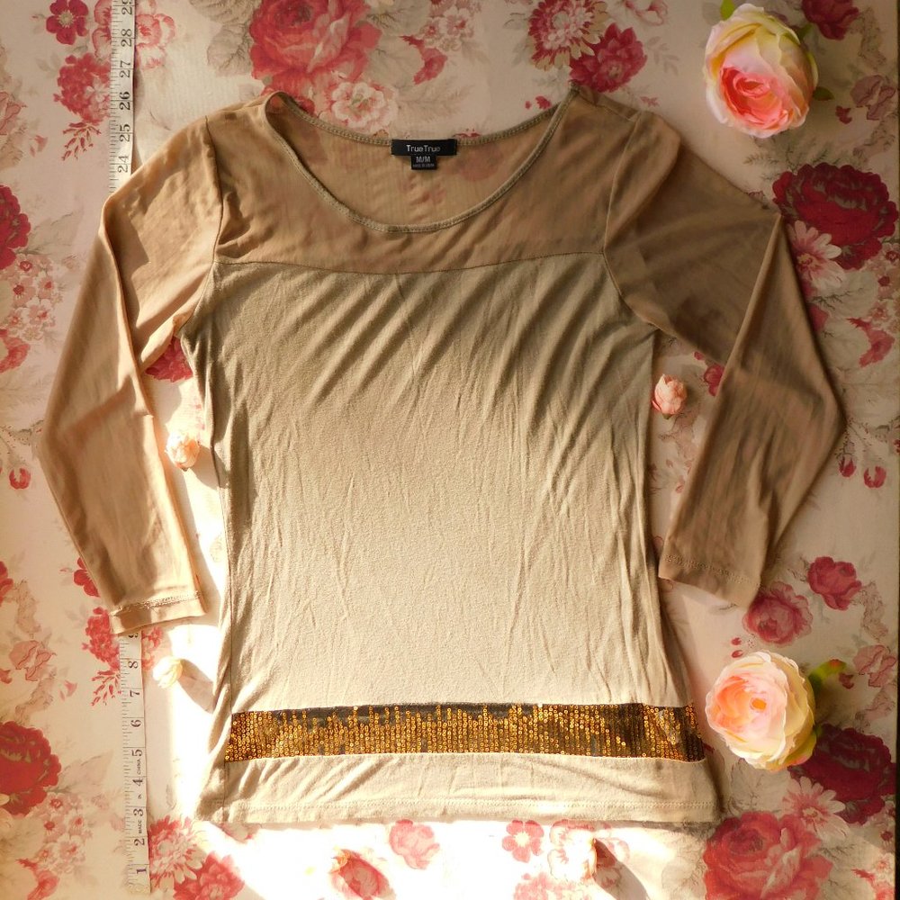 Long Sleeve T-Shirt with Sequien and Mesh Details